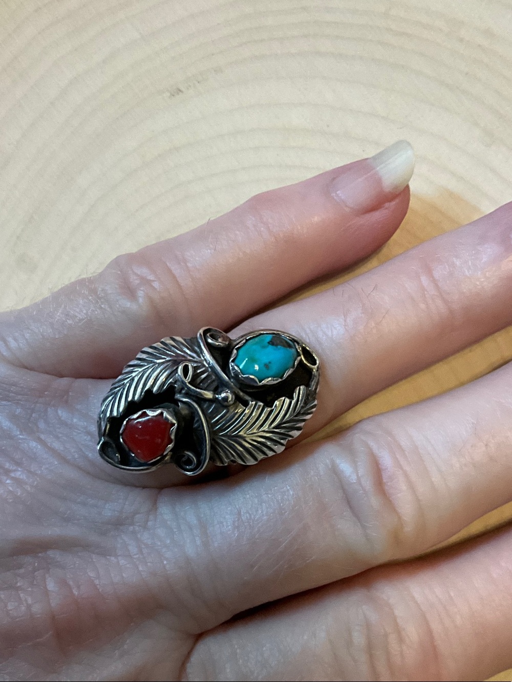 Navajo Sterling Silver Turquoise & Coral Feather Statement Ring
